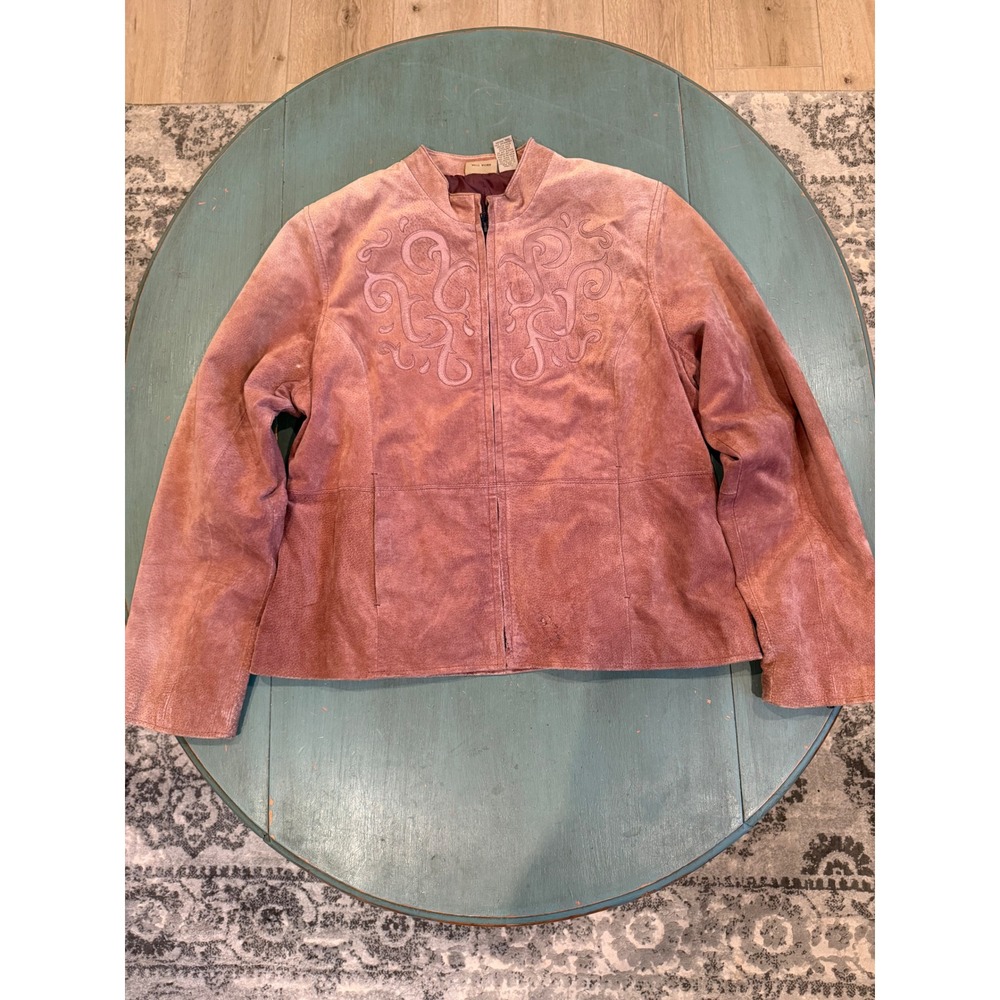 RuffHewn Women XL Pink Suede Leather Jacket Embroidered Zip Front Mock Neck Boho